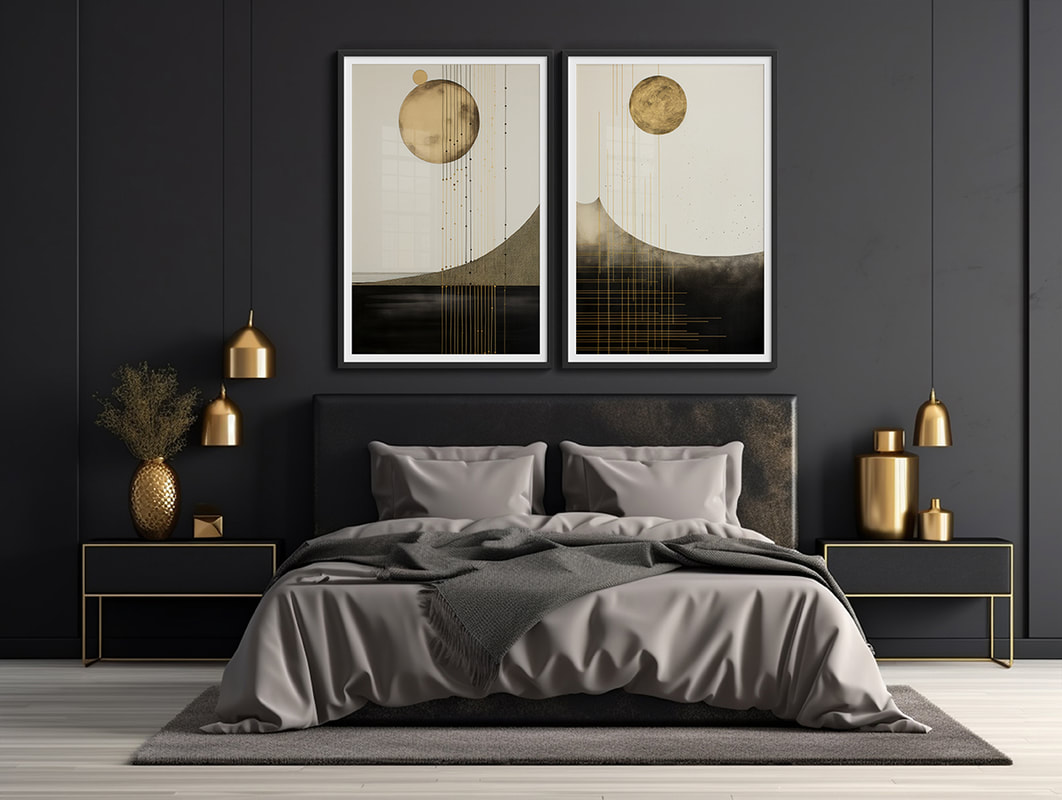 A geometric masterpiece that transforms simple shapes into mesmerizing patterns through the interplay of black and gold.