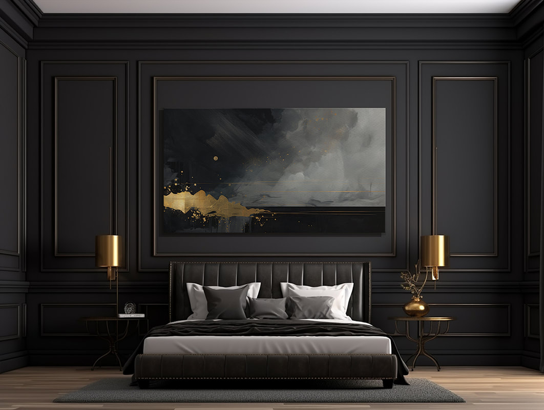 A bold and expressive abstract artwork featuring a harmonious blend of black and gold.