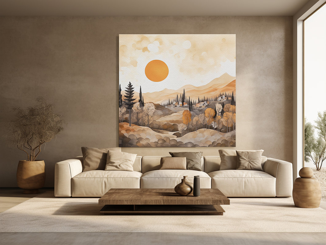 Modern depiction of a rolling Tuscan landscape in warm, earthy tones.