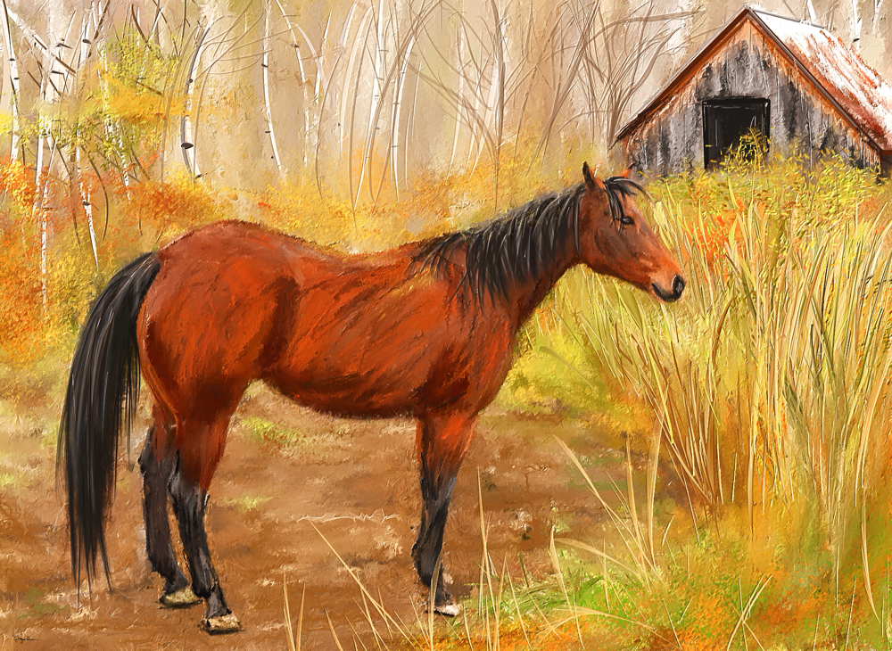 A painting of a brown horse grazing on a pasture in Woodstock, Vermont.