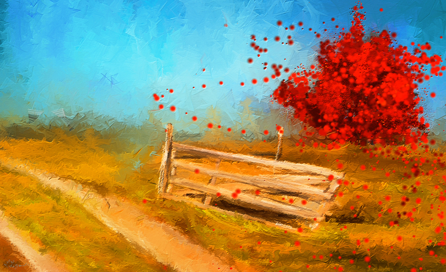 An impressionist style of autumn scene in New England. The striking colors of red give life to this painting.
