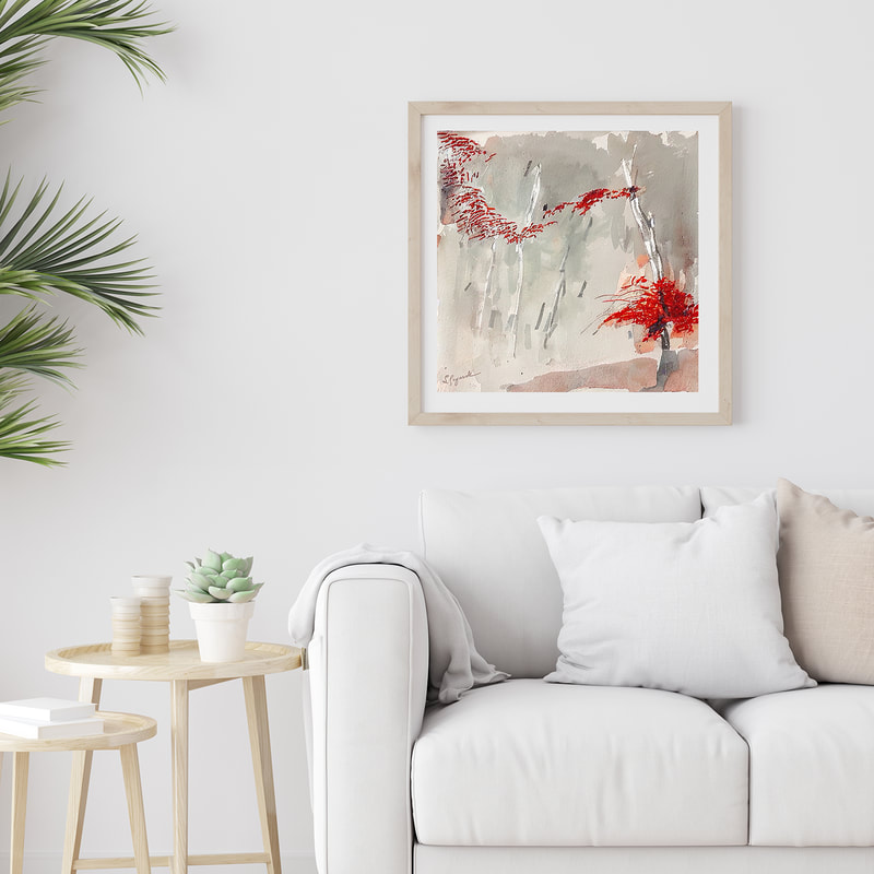 Fine art designs using various interior color schemes for modern and contemporary home or office décor. (Abstract Art featuring Gray and Red elements.)