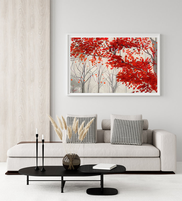 The main theme of these paintings is the contrast between the vibrant red leaves of the autumn trees and the muted gray background. This contrast creates a sense of movement and energy, as the viewer's eye is drawn to the bright red leaves. The gray background also provides a sense of balance and stability, grounding the painting and preventing it from becoming too overwhelming.