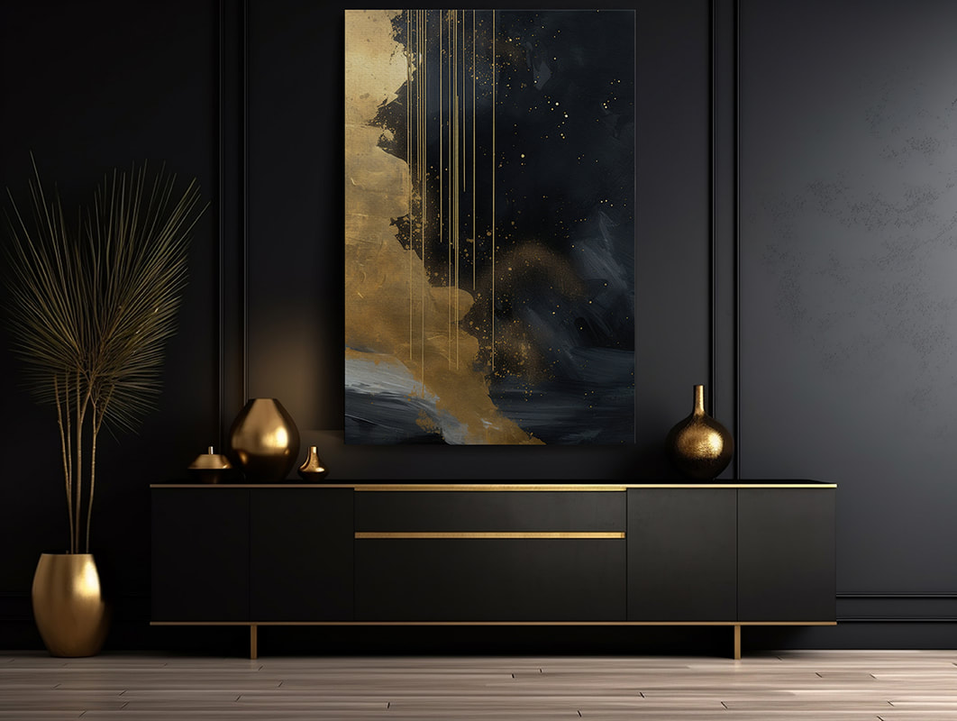 A mesmerizing abstract landscape painted in a palette of deep black and shimmering gold.