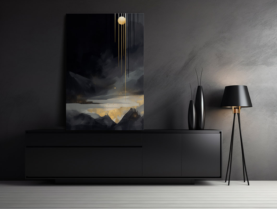 Minimalist Serenity in Black and Gold: A tranquil abstract composition adorned with subtle gold accents.