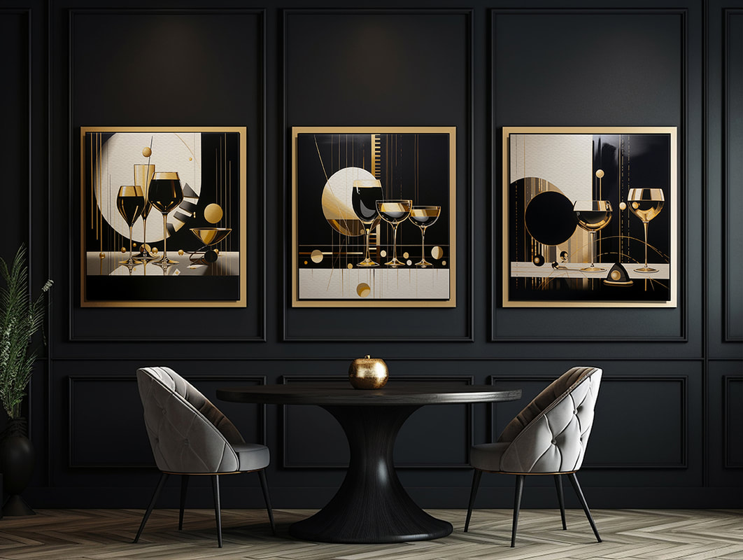 Black and Gold Wine Cocktail Glasses Art: Elevate Your Restaurant's Ambiance: Enhance your restaurant's atmosphere with this captivating black and gold wine cocktail glasses art, adding a touch of luxury and refined taste.