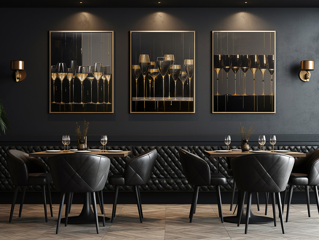 Cocktails Wall Art, Black and Gold Wine Glass Art - Modern Wine Art & Black and Gold Wine Still Life
