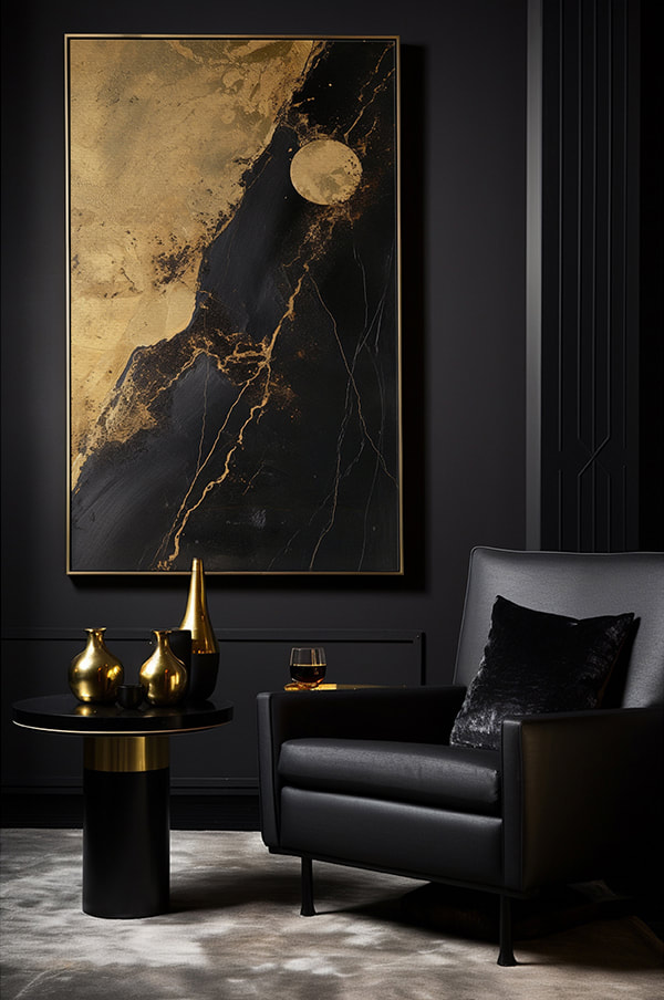A mesmerizing abstract landscape painted in a palette of deep black and shimmering gold.