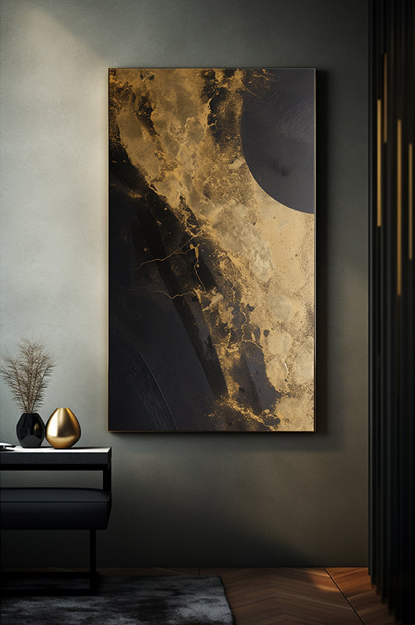 An abstract masterpiece that evokes a sense of mystery and intrigue through its interplay of black and gold