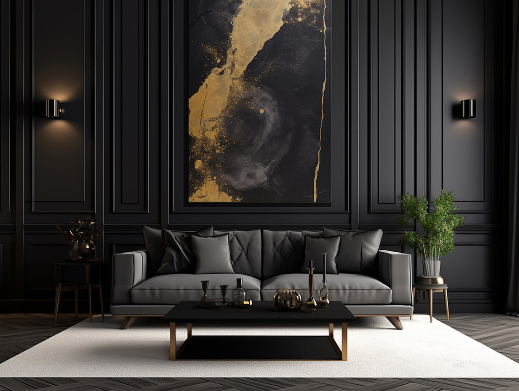  A geometric artwork that evokes the grandeur of architectural designs in black and gold.