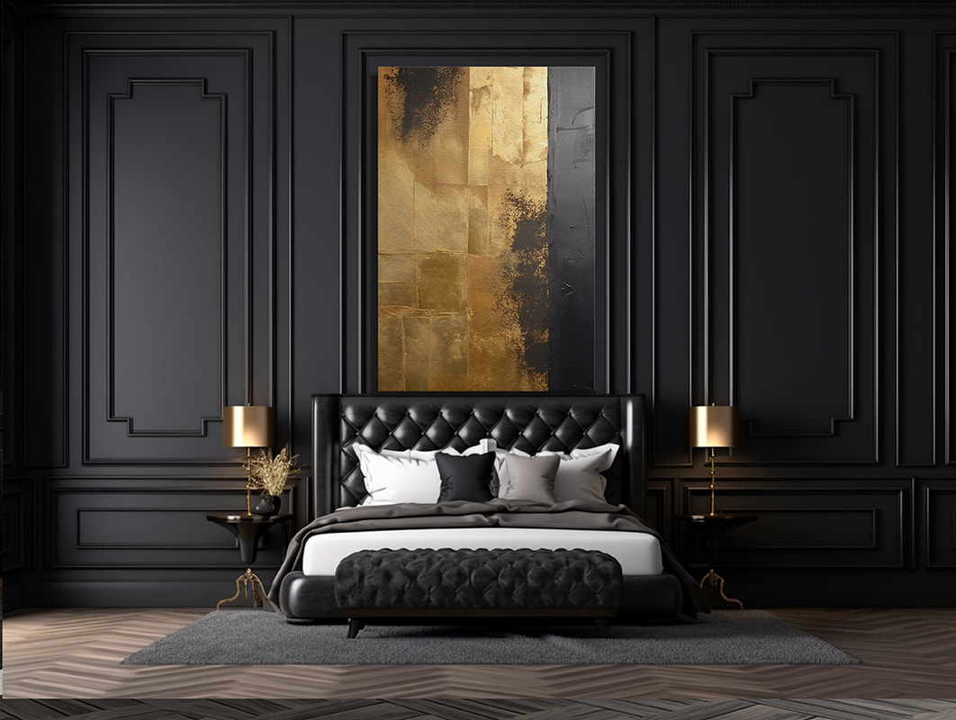 Geometric Tapestry in Black and Gold: A captivating composition of geometric patterns interwoven with elegant gold accents.