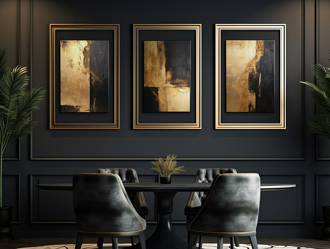 captivating symphony of shapes in this geometric black and gold creation, where bold geometric forms and shimmering gold accents interweave, inviting the viewer into a world of endless visual exploration and discovery.