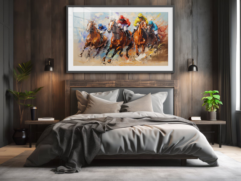 "Colors of Victory" is a colorful horse racing art that represents various horses and dreams. The painting is done in an impressionist style, with loose and expressive brushstrokes. The colors are vibrant and the overall effect is one of movement and excitement. Also, it conveys to the many different colors of the horses in the race; each color represents a different dream or aspiration