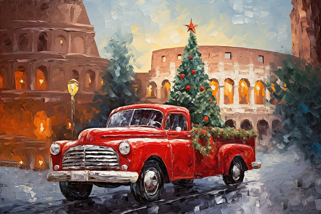 A red truck filled with holiday spirit cruises through the ancient streets of Rome, Italy