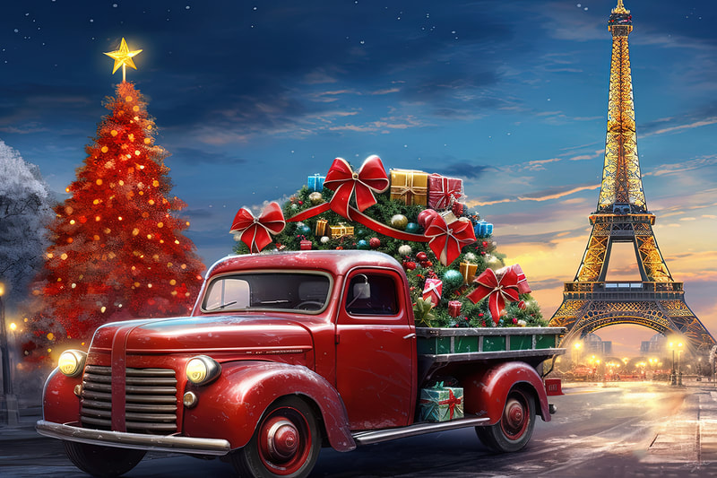 A red truck decorated with Christmas lights and a Christmas tree is parked in front of the Eiffel Tower
