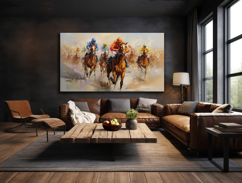 Colorful abstract painting of a horse racing scene. The painting uses bold colors and shapes to create a sense of movement and energy. The horse is depicted in a variety of poses, suggesting its speed and power.