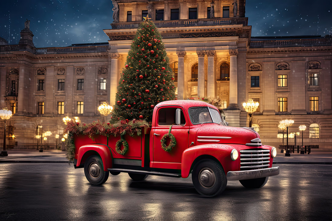 A red truck spreads Christmas cheer in front of Reichstag, Germany