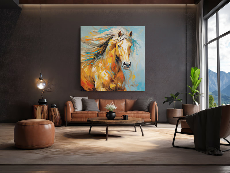"Grace of the Horse" is a colorful impressionist painting of a horse in full stride. The horse is depicted in a variety of vibrant colors, including blues, greens, yellows, and oranges. The horse is shown in its natural element, running free and untamed. The colors and brushstrokes of the painting evoke a sense of movement and energy, which perfectly captures the essence and grace of the horse.