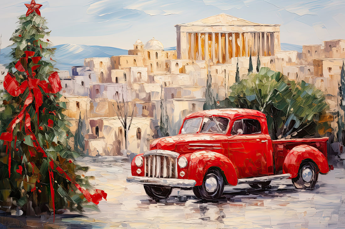 Red Truck at the Temple of Poseidon - A Christmas Fantasy