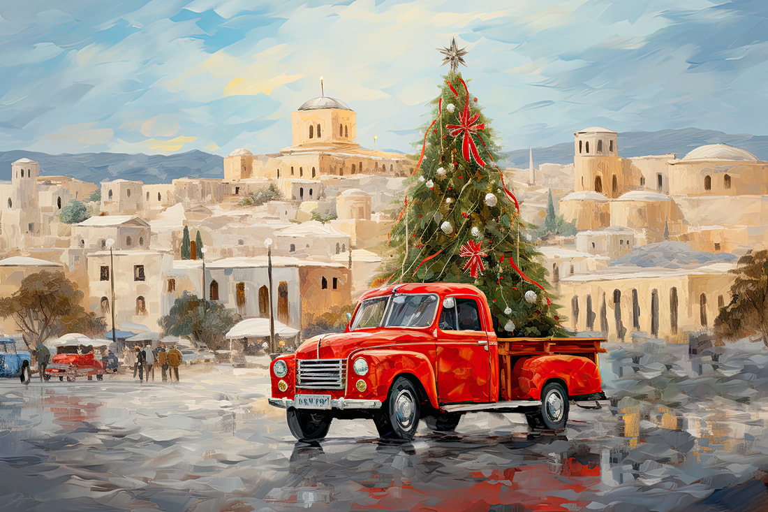 Christmas red Truck with christmas tree at the acropolis, greece