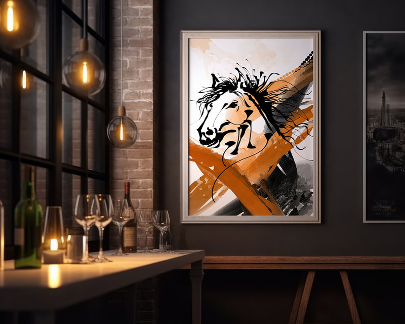  This modern portrait of a horse is a bold and striking work of art, contrasting colors of black and orange were used to create a visually arresting image that is both powerful and evocative. The simplified forms of the horse's body and mane emphasize its strength and grace. This painting is a refreshing take on the traditional horse portrait, and it is sure to be a conversation starter in any home.
