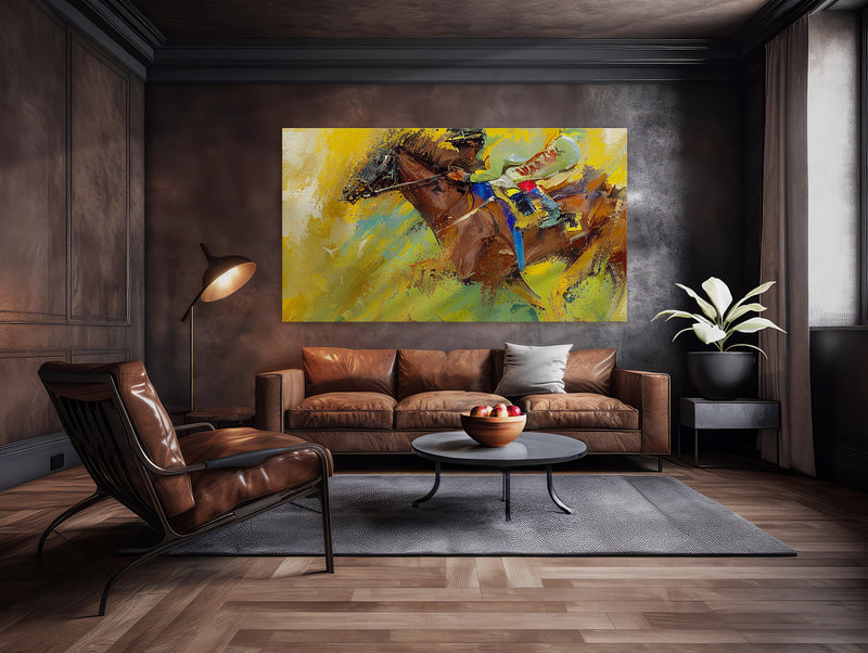 "Rider's Dream," is a reference to the determination and focus of the rider and the horse. The artist has captured the essence and the desire to be the best. The painting is a celebration of the human spirit, a reminder that anything is possible if you have the will to win. It is a reminder that we should never give up on our dreams, no matter how difficult they may seem.