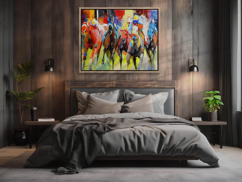 Colorful abstract painting of horses racing. The painting uses bold and vibrant colors to depict the movement and energy of the horses. The horses are rendered in a stylized way, with their bodies and legs elongated and their manes and tails flowing in the wind. The background is a blur of colors, suggesting the speed and excitement of the race.