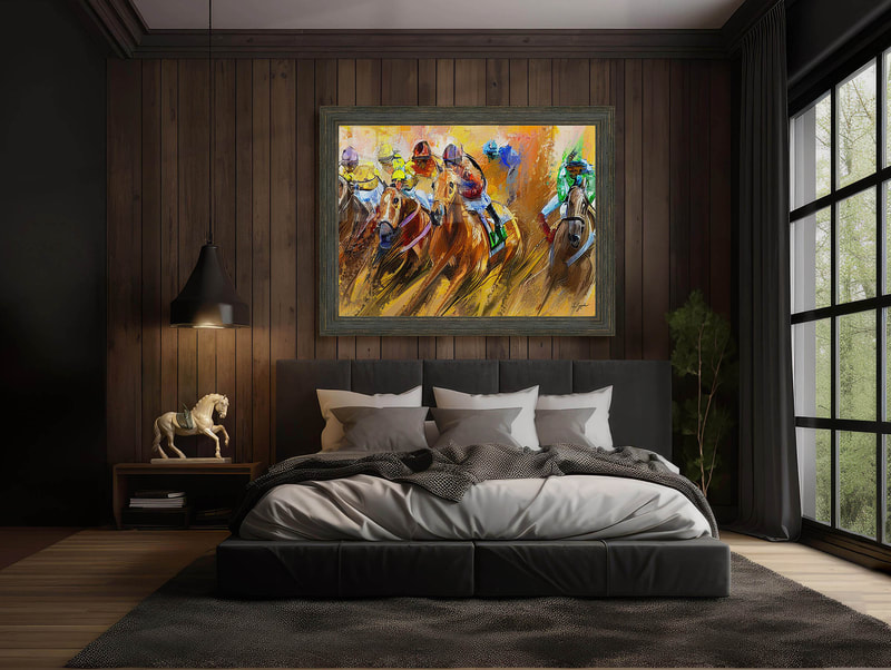 Abstract painting of horses in motion. The painting uses swirling, abstract shapes to create a sense of movement and energy. The horses are depicted as if they are running or galloping, and the colors are vibrant and dynamic