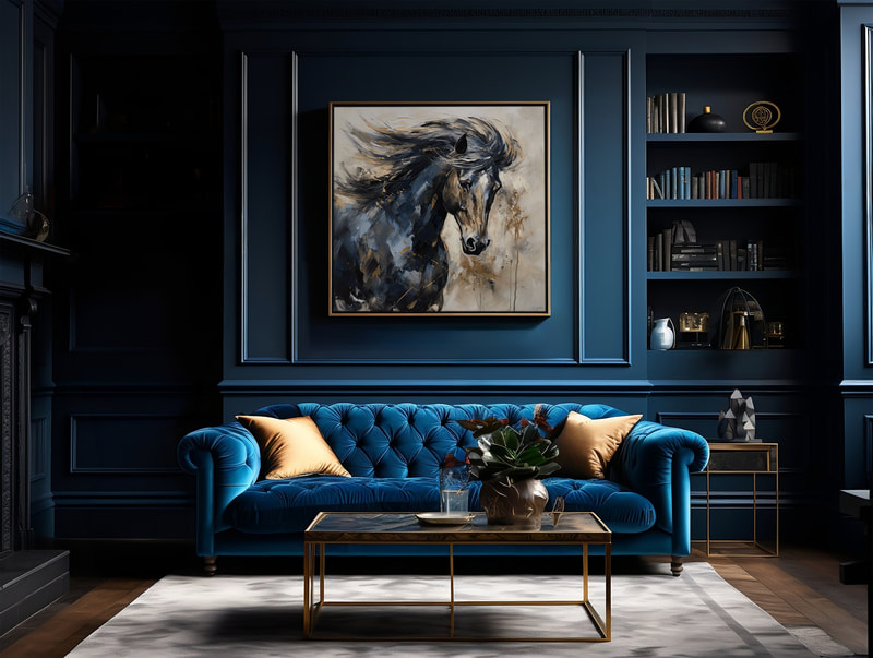 A close-up painting of a majestic horse in shades of blue, with muted gold accents.
Blue and gold art