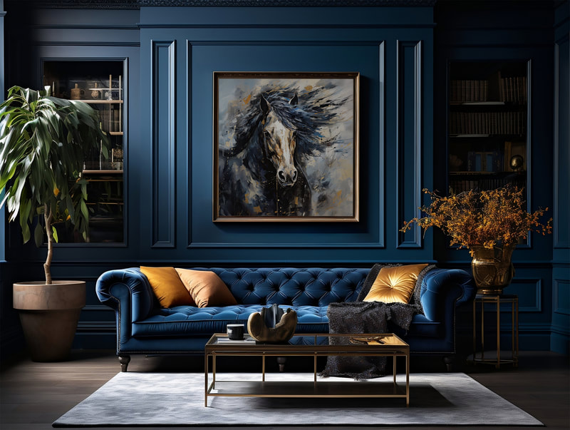 Blue and gold horse paintings