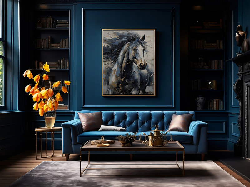 Majestic horses in shades of blue, captured in an impressionist style