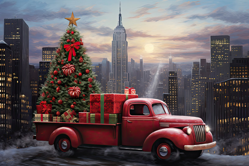Red truck is decorated with Christmas lights, wreaths, and garlands. It is also loaded with Christmas trees and presents. Christmas Red truck in new york