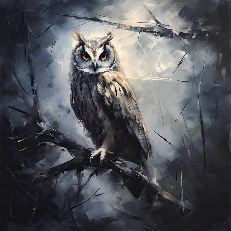 In the eerie and mysterious depths of a dark wooded forest, a regal gray owl perched on a tree branch, its piercing yellow eyes gleaming in the glowing moonlight. The owl's regal posture and watchful gaze suggest that it is guarding a secret, known only to the night.