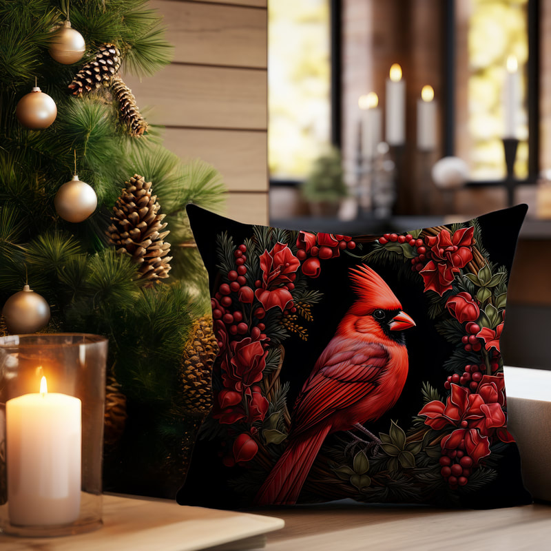 A cheerful red cardinal adds a touch of Christmas cheer to a beautifully decorated wreath, bringing warmth and joy against the elegant black backdrop.