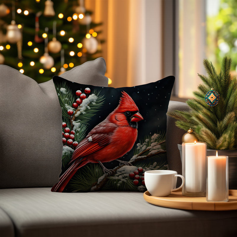 A vibrant red cardinal stands out against the stark contrast of a snow-covered branch and a black background, creating a striking and eye-catching Christmas throw pillow design.