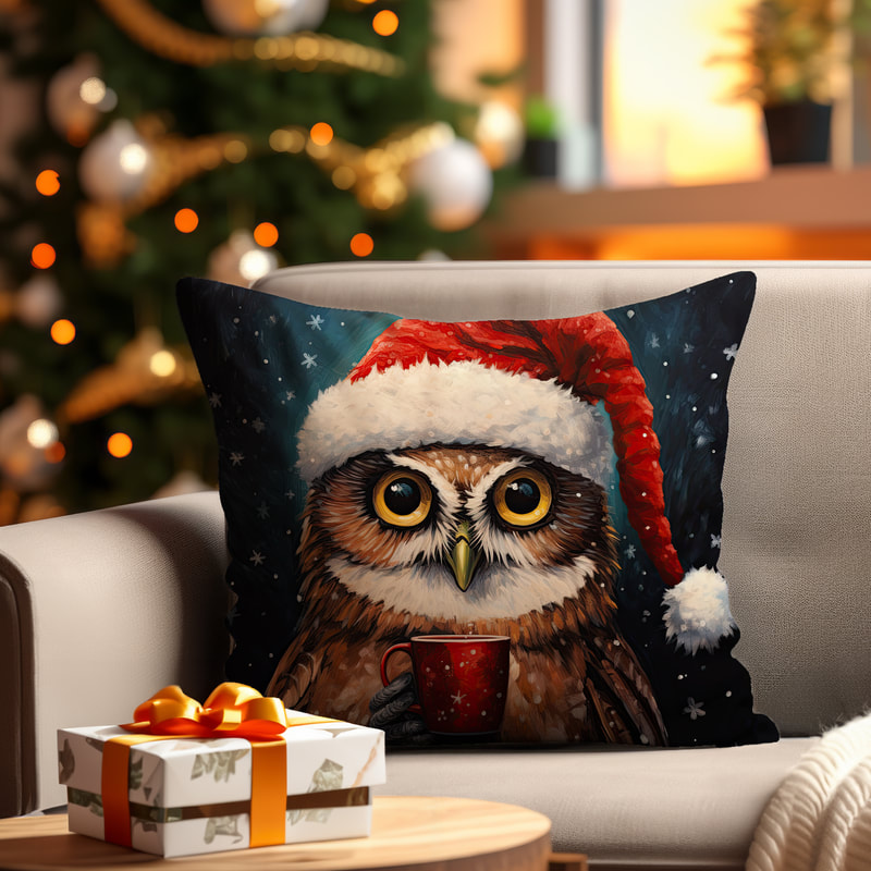 An owl sipping hot chocolate from a mug, with a cozy Christmas blanket in the background