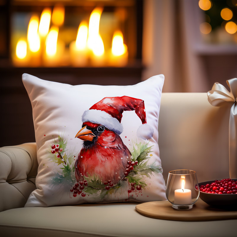 Cardinal wearing santa hat throw pillows