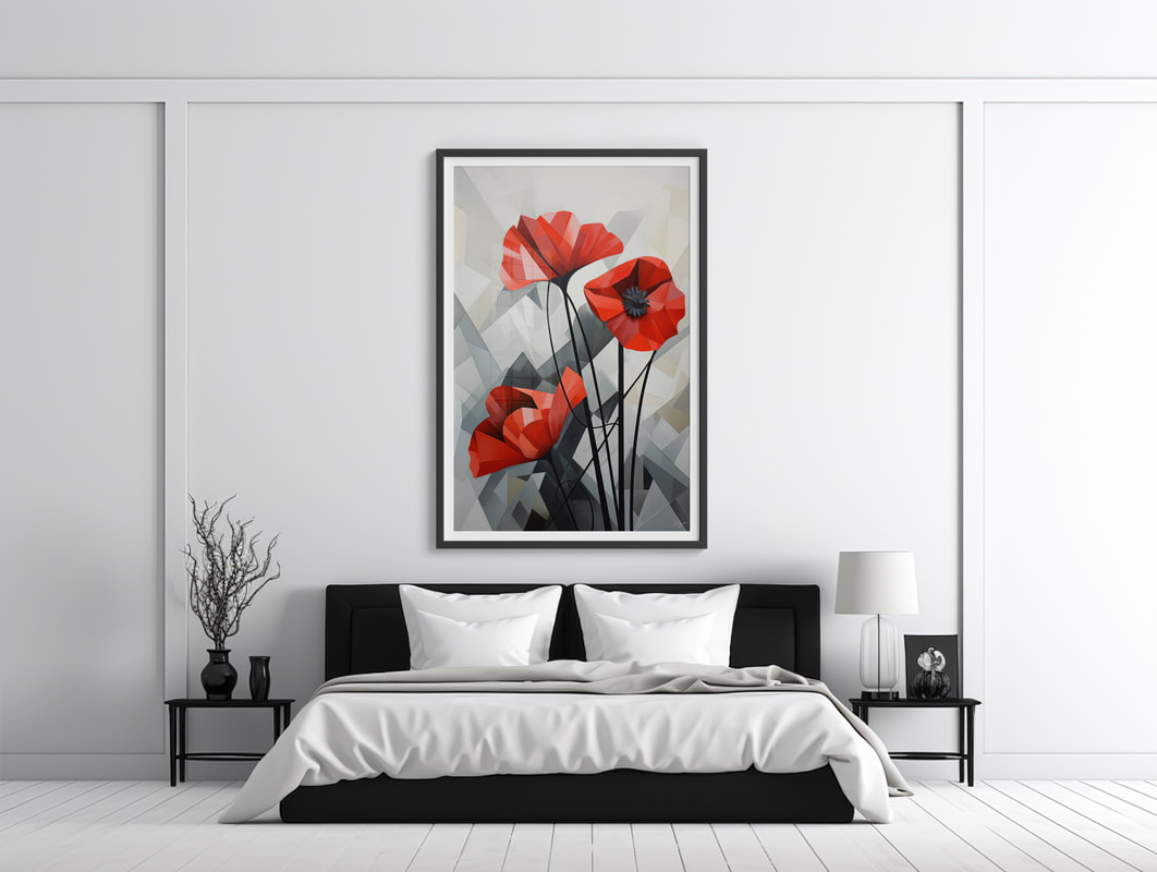 Modern poppy Art blooms bold & serene in contrasting monochrome styles. Red Poppies  art