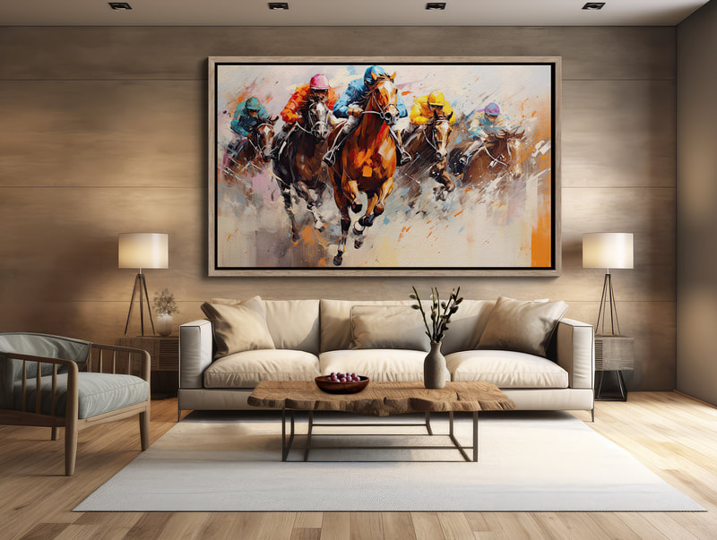 This art evokes the sense of excitement, energy and drama that can be found in a horse race. It suggests the sudden burst of speed that the horses make when the gun goes off, and the feeling of exhilaration that the jockeys and the crowd experience when the winner crosses the finish line.