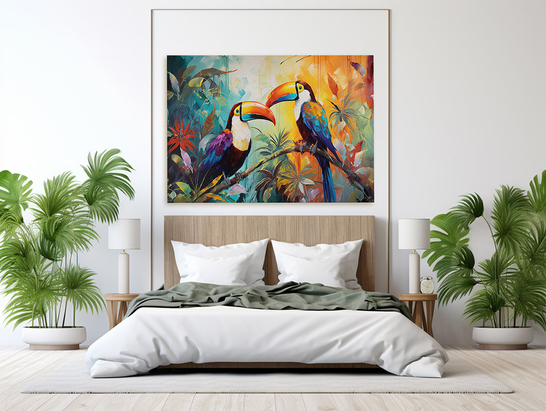Vibrant toucans frolic amidst lush tropical foliage, painted in a modern style against a crisp white background.