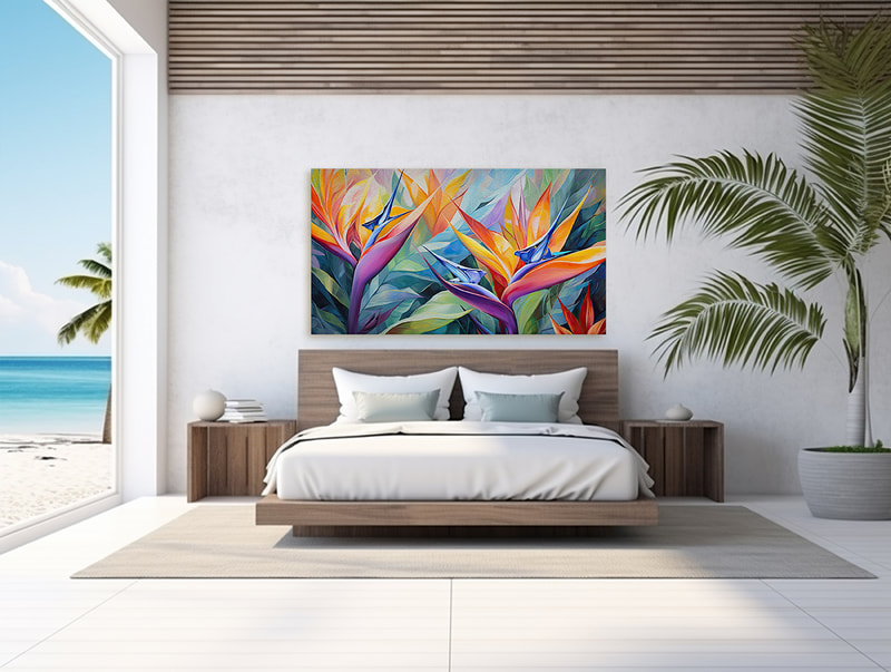 Emerald leaves and fiery orange blooms of a Bird of Paradise on a white canvas, modern tropical art.