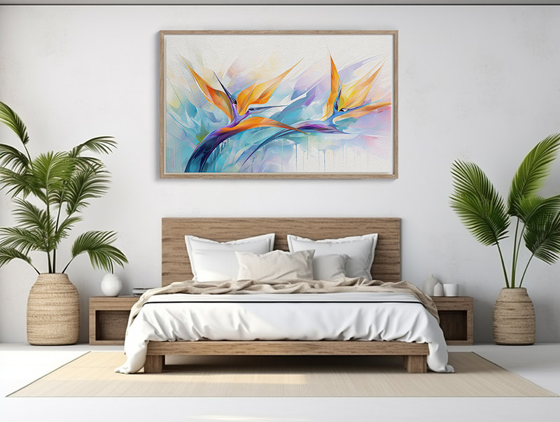 Minimalist lines and bold hues capture the essence of the Bird of Paradise in this modern tropical art print.