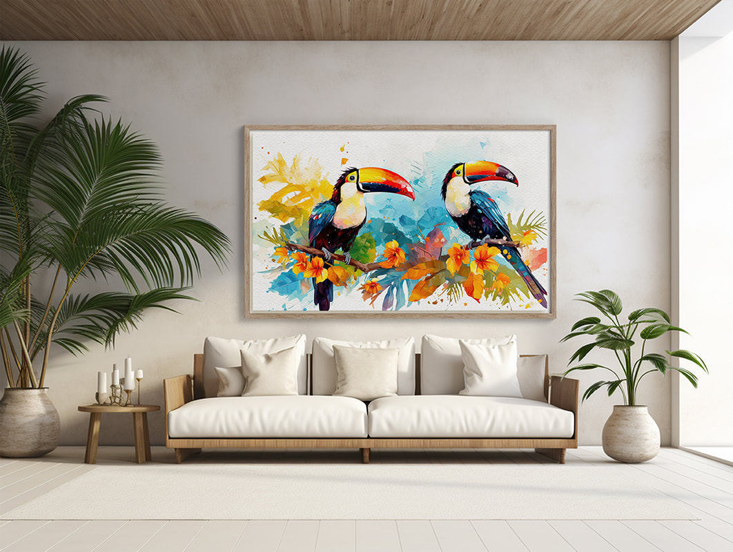 Dazzling toucans frolic amidst vibrant tropical foliage in this modern art piece, perfect for beach-inspired decor.