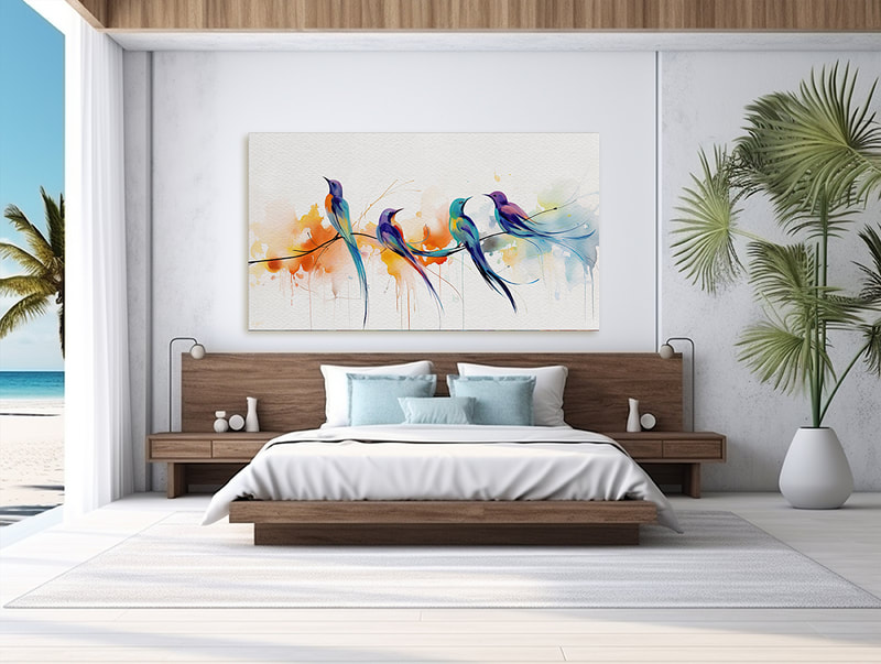 Toucans and Bird of Paradise against a white canvas, perfect for contemporary interiors.